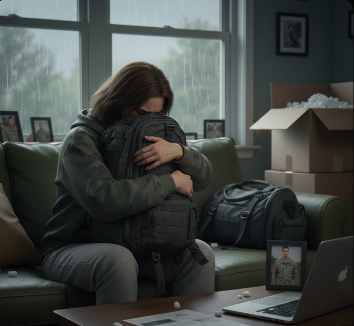 A distressed military spouse sitting on a couch in a dimly lit room, hunched over and tearfully hugging a tactical military backpack. In the background, moving boxes and a few framed photos of a soldier reflect the isolation and transition of military life.
