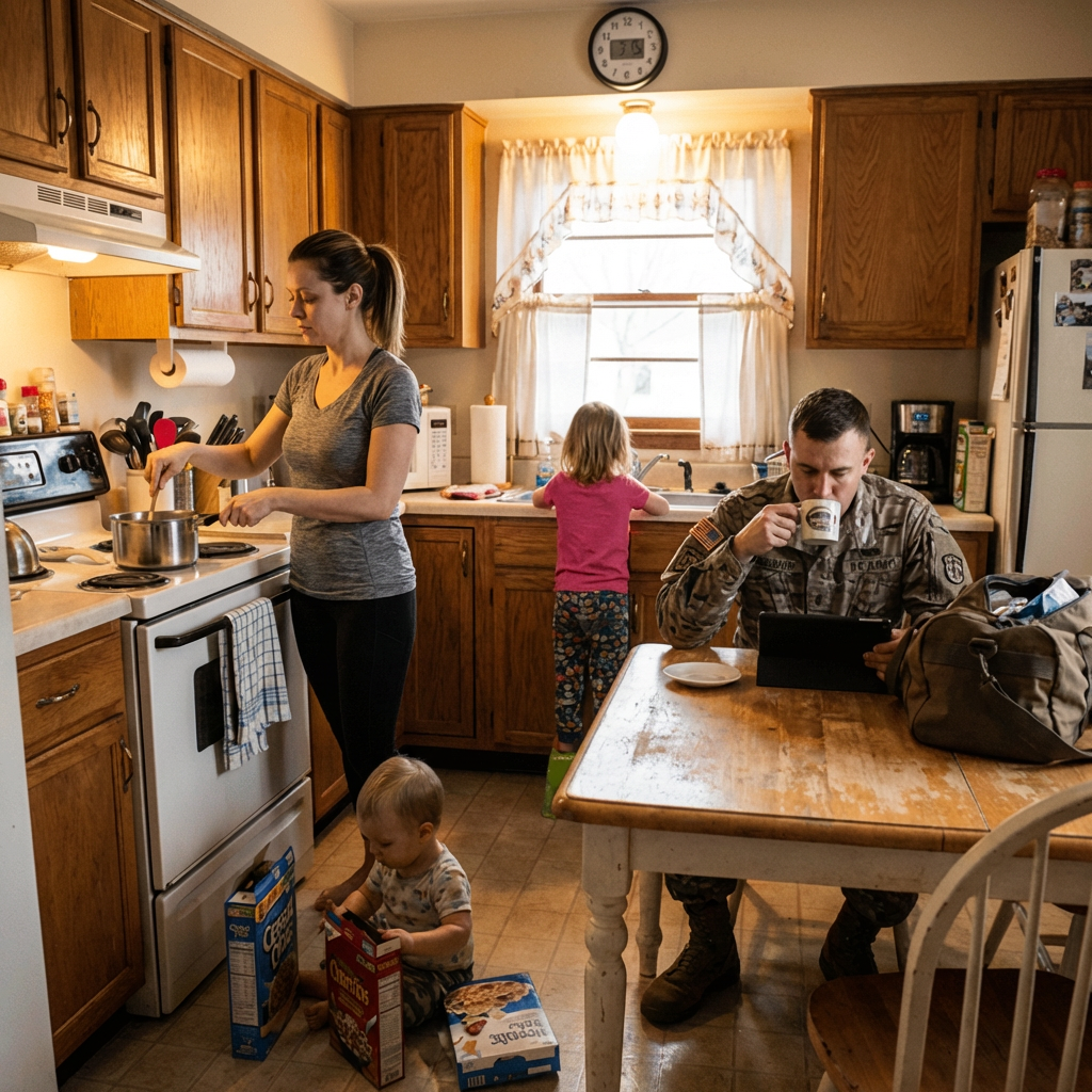 Cozy kitchen family scene: Mother cooking on stove, father in military uniform at table with coffee and laptop, young daughter nearby, and baby boy playing with cereal boxes on the floor amid wooden cabinets and warm lighting.